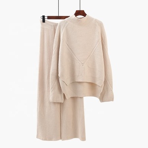 Vente en Gros 2022 Ensemble Pull et <span class=keywords><strong>Pantalon</strong></span> <span class=keywords><strong>Femme</strong></span> en Maille Couleur Unie, Costume Pull Tricoté à Manches Longues pour Femmes - Product Image 1