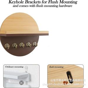 Wooden <b>Wall</b> <b>Mounted</b> Key Hook Rack Round <b>Shelf</b> Brown Multipurpose Entryway Storage Flush Mounting - Product Image 4