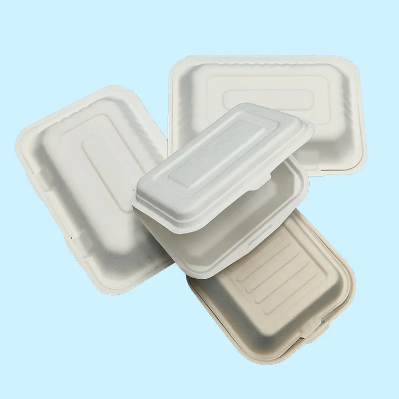 Food-grade bagaço almoço caixa alimento biodegradável talheres de papel descartáveis Bagaço cana Bagasse Clamshell Box