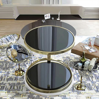 Table basse ronde à double étage, petite, moderne, en métal doré avec plateau en verre trempé noir pour salon, meubles de luxe