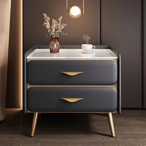 Modern Leather Bedside <b>Table</b> With Marble Top Two Drawers Minimalist Nightstand For <b>Small</b> Bedroom - Product Image 2