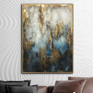 100% pintado a mano textura azul profundo lienzo pintura al óleo abstracta moderna atmósfera de lujo pintura de hoja de oro - Product Image 4