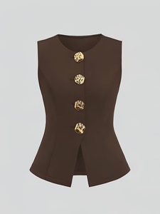 Ensemble 2 pièces pour femmes, veste <span class=keywords><strong>sans</strong></span> manches marron avec boutons dorés, pantalon large à taille haute, <span class=keywords><strong>costume</strong></span> élégant pour le bureau ou décontracté - Product Image 4