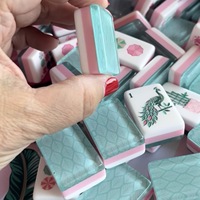 Ubin Mahjong Akrilik Berlapis Kustom Modern Tema Botani Kaktus Hijau Mint Pink Ramah Lingkungan Mewah untuk 4 Pemain
