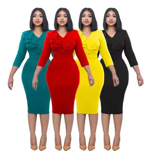 2024新しいスタイルのカジュアルな女性2層カラー無地ドレスエレガンスオフィス女性のためのドレスを着用
