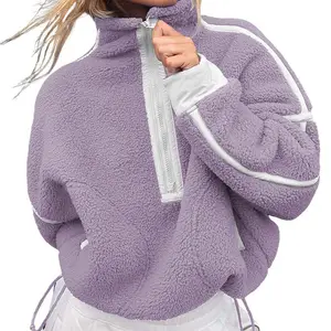 Yarım Zip standı yaka Sherpa polar özel Logo üreticisi kırpma üstleri sıcak rüzgar geçirmez ceketler kış kadın giysileri kadın ceket
