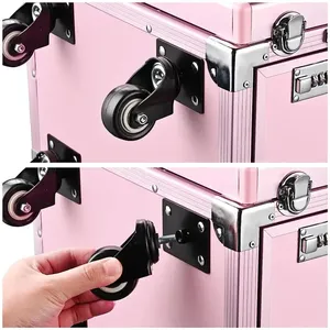 Table de manucure roulante pliable, table à ongles, valise de maquillage, chariot de rangement de voyage avec 4 tiroirs, miroir et haut-parleur - Product Image 6