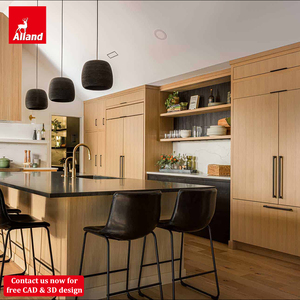 Armoire de cuisine en bois de chêne <span class=keywords><strong>clair</strong></span>, style moderne et luxueux, avec plan de travail noir, intégrée dans la crédence, pour ustensiles, par Allandgroup - Product Image 1