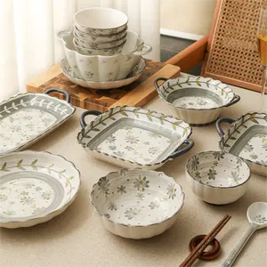 Vaisselle de table japonaise vintage et rétro en céramique imprimée de fleurs grises bols à soupe et assiette de 12 pouces pour la salle à manger à la maison