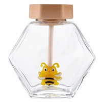 빈 100ml /220ml /380ml 육각 유리 꿀 항아리 나무 대나무 뚜껑 교반 막대 유리 꿀 항아리 부엌 저장 용 꿀 항아리