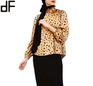 Day Look Fashion Design Muslim Lady Blouses Customized Modern Office Women Wear Latte Polka Dot Shiny Satin Blouse