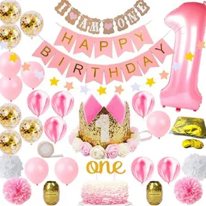 Grosir ulang tahun bahan bagian-Merah Muda Baby Shower Dekorasi untuk Gadis-Aku Salah Satu Anak-anak Pesta Ulang Tahun dengan 40Inch No.1 Pink Balon Foil, emas Glitter Crown
