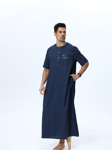 ثوب أزرق داكن بأكمام قصيرة مع جيب ملابس إسلامية للرجال روب أنيق متواضع طويل - Product Image 6