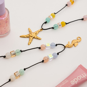 Collar de Cuentas de Inspiración Náutica con Dijes de Estrella Dorada y Caballito de Mar, Cuentas Redondas Coloridas, Hilo Encerado, Aleación de Zinc, Moda - Product Image 4