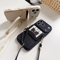 Étui de téléphone élégant avec porte-cartes en relief en forme de cœur et nœud pour iPhone 18 17 Pro Max 16 15 14 13, avec sangle bandoulière et protection portefeuille