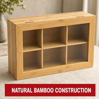 Boîte à thé en bambou à 6 compartiments avec couvercle transparent à rabat |   Organisateur de rangement pour sachets de thé de bureau |   Coffret à thé en bambou naturel OEM