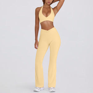 Özel Logo Halter sutyen dantelli V bel Flare tayt egzersiz 2 parça setleri kadınlar için Yoga spor seti - Product Image 6