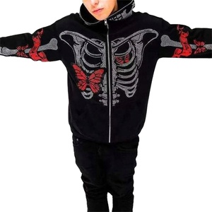 Sweat à capuche personnalisé épais 100% coton avec fermeture éclair avec embellissements en strass Col à capuche Technique teinte unie pour l'hiver - Product Image 3