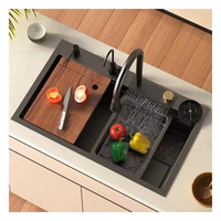 Évier de cuisine moderne noir à cuve unique avec robinet, design cascade multifonction, en acier inoxydable 304 monobloc
