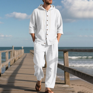 Nuovi <span class=keywords><strong>pantaloni</strong></span> lunghi da <span class=keywords><strong>uomo</strong></span> in <span class=keywords><strong>lino</strong></span> Casual da spiaggia con cappuccio per la primavera autunno Set di camicie con collo mandarino 2025 la vendita calda - Product Image 6