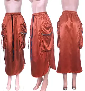 Falda de carga informal para mujer, ropa de calle con bolsillos grandes, cintura elástica, cordón, longitud hasta el tobillo, por debajo de la rodilla, nueva