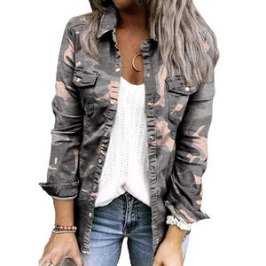 Herbst Damen Casual Camouflage Einreihiger Druckknopf-Revers Langarm-Jacke mit Taschen Denim-Hemd - Product Image 1