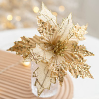 Arrangements floraux décoratifs pour sapin de Noël, décoration de la maison, paillettes roses, paillettes scintillantes, poinsettia, pics floraux de Noël