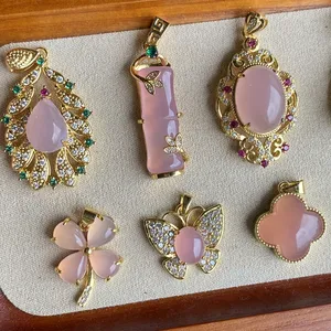 fine fashion jewelry pink jade real stone stainless steel gold plated butterfly four leaf clover pendants necklaces for women