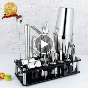 2022 Produk Baru Perlengkapan Bar Cocktail Shaker Set 23-Piece Kit Bartender Baja Tahan Karat dengan Dudukan Akrilik 4 Batu Wiski