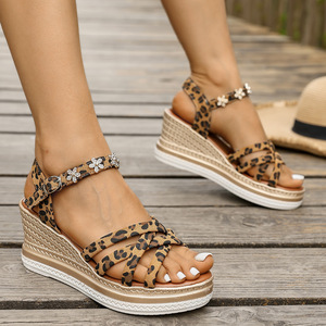 Women Cross Strap Wedge <b>Sandals</b> Summer New Leopard Print European American Style Rhinestone Roman <b>Sandals</b> - Product Image 1
