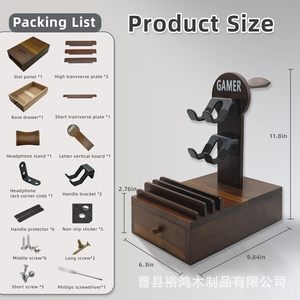 Wooden game <b>controller</b> storage rack with drawer, headphone <b>holder</b>, mobile phone organizer, multi-functional desktop shelf - Product Image 4