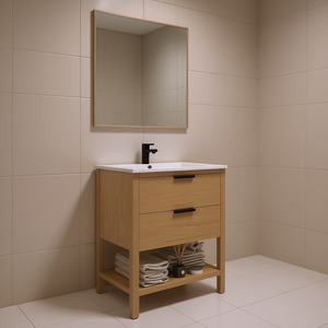 Bathroom <b>Vanity</b> 30 Inch Plywood 2 Drawers Modern Minimalist Floor Standing Ceramic Basin Light Finish - Product Image 2