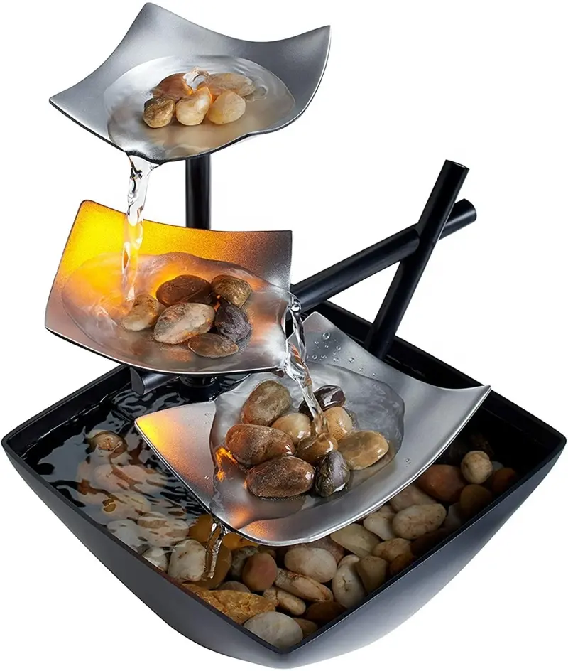 Indoor 3-Tier Relaxation Tabletop Fountain Automatic Pump with Power Switch Natural River Rocks and Reflective Lighting