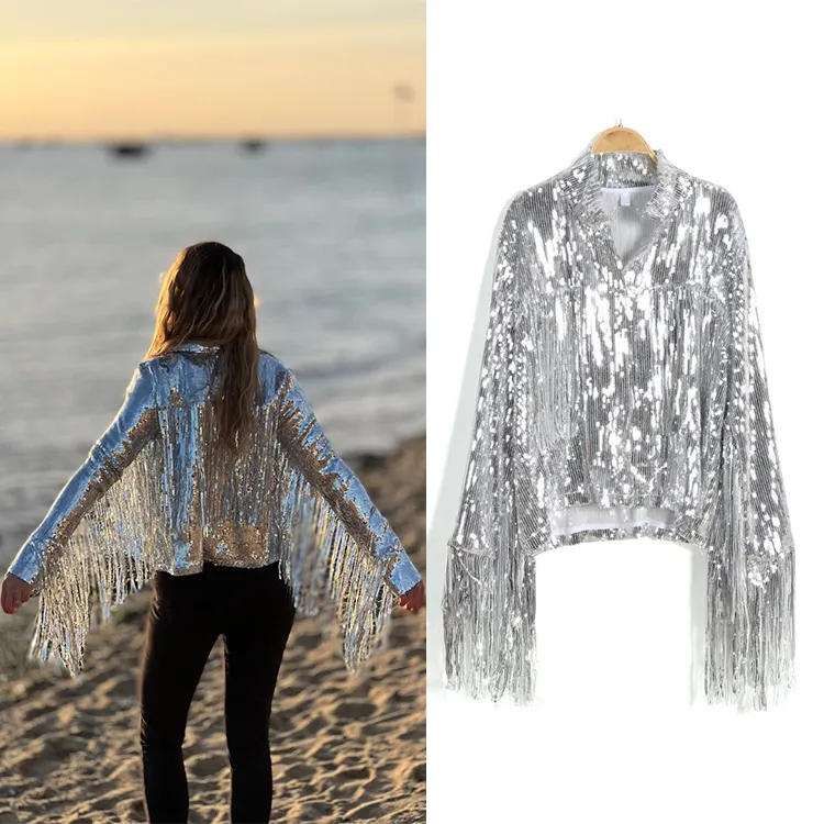 YIZHIQIU Hip Hop Silver Black Red Gold Fringed Tinsel Women's Fashion Tassel Sequin Jacket