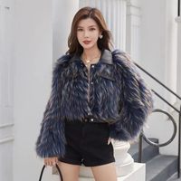 Manteau court pour femme en fourrure de raton laveur bleu véritable, respirant, chaud et élégant pour l'hiver