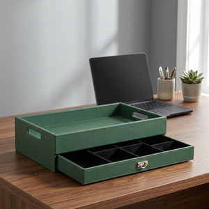 Organiseur de bureau en cuir vert avec tiroir et compartiments - Product Image 4
