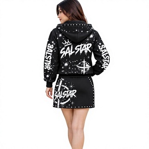 Women’s <b>Black</b> Rhinestone Hoodie <b>Skirt</b> Set Custom Graphic Pullover Hoodie & Mini <b>Skirt</b> 2-Piece Streetwear Tracksuit Set - Product Image 2