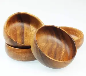 Acacia-platos tallados de madera hechos a mano, Juego de 4 cuencos de calabaza, tamaño 4 "(redondos)