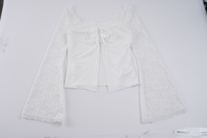 Blusa de punto transparente para mujer, corte ajustado, estilo crop, de manga larga, con encaje, cuello cuadrado, fruncido y con cordones, estilo dulce de verano - Product Image 2