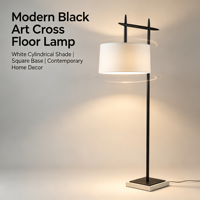 Lampe sur pied en fer forgé de style moderne, structure supérieure abstraite noire, abat-jour en tissu blanc, base en marbre, lampe sur pied pour salon