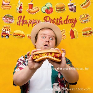 Guirnalda de Papel BA516 con Diseño de Hot Dog, Hamburguesa y Papas Fritas para Cumpleaños, Bandera Colgante de 3 Franjas con Temática de Fiesta - Product Image 3