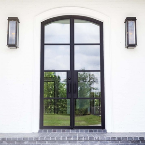 Puerta de acero abatible doble moderna de diseño gráfico de gama alta con puertas francesas enmarcadas delgadas con arco superior con vidrio templado Doble - Product Image 1
