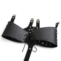 Ensemble de lingerie dos nu pour soutien-gorge ouvert en cuir BDSM Bondage noir pour femme