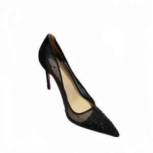 Tacones de aguja con punta en pico y malla de cristal para mujer |   Zapatos de Tacón Transparentes <span class=keywords><strong>Negros</strong></span> con Suela Roja |   Elegantes Zapatos de Vestir para Fiesta de Boda con Suela Roja - Product Image 5