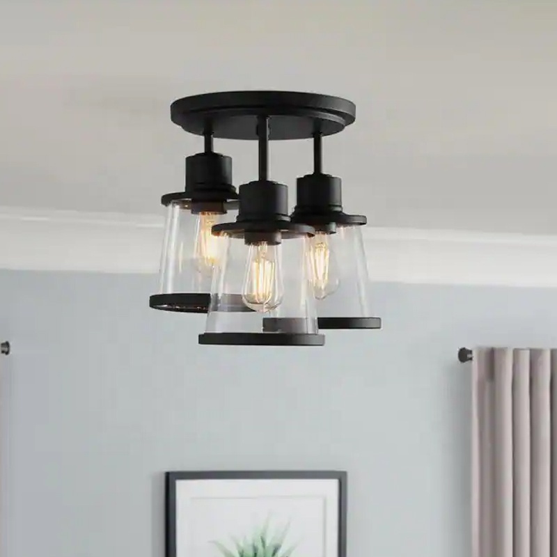 Semi Ceiling Light 3-Light Farmhouse Ceiling Light Clear Round Shade Modern Flush Mount Surface Lamp for Living Room