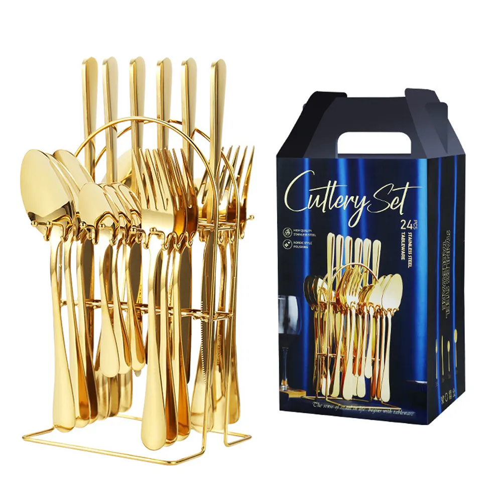 24PCS knife spoon fork stainless steel cutlery set matte white royal gold plated cutlery flatware set