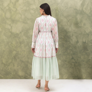 Robe midi en mousseline à imprimé floral avec manches longues, taille élastique, coupe ample, robe décontractée de printemps, robe élégante et magnifique - Product Image 1