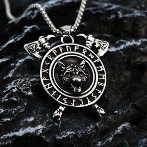 Pendentif Viking en acier inoxydable avec tête de loup et double hache pour homme, collier à thème animal géométrique, bijoux cadeau - Product Image 3