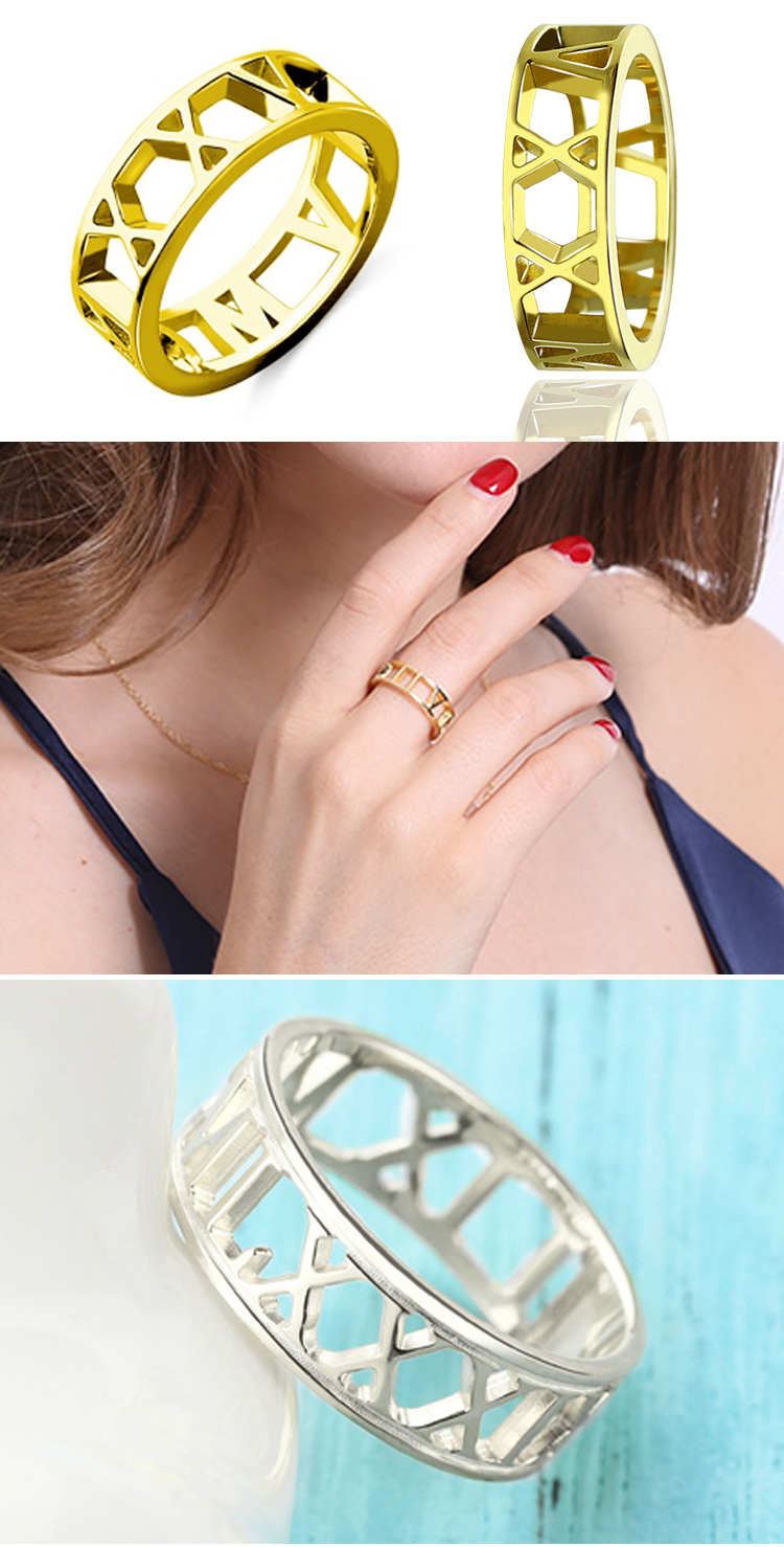 fashion hollow rings jewelry women custom stainless steel gold plated rome numeral ring