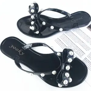 fashion Vintage pearl jelly ladies flip flop rivet beach slippers women big size summer footwear pvc footwear for girl